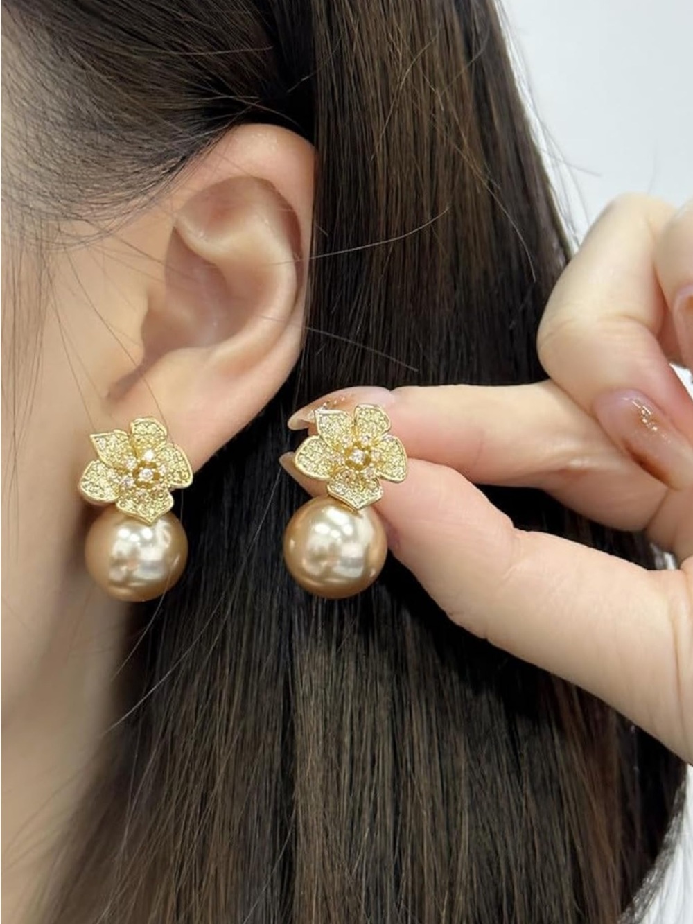 Elegant Gold Floral Pearl Drop Earrings - Gold Pearl
